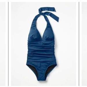 Boden Blue Rhodes Plunging V-Neck Halter Triangle Top Ruched One Piece Swimsuit